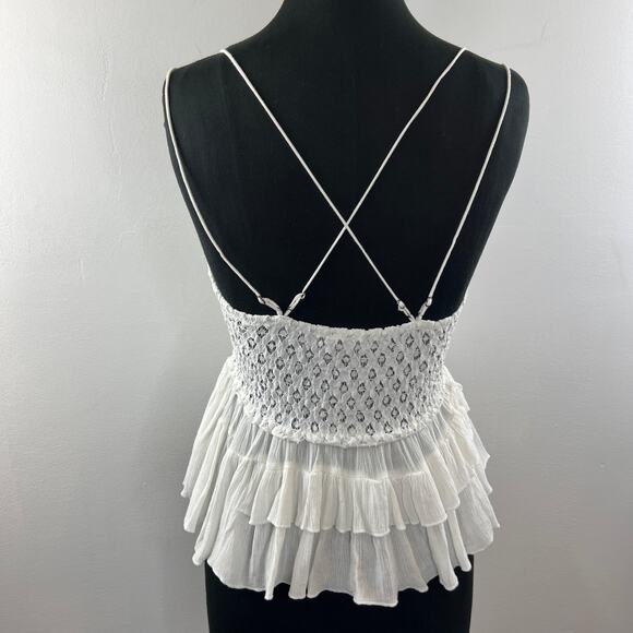 FREE PEOPLE ONE Adella White Crochet Lace Tiered Ruffle Peplum Cami Top Size M - Picture 6 of 9